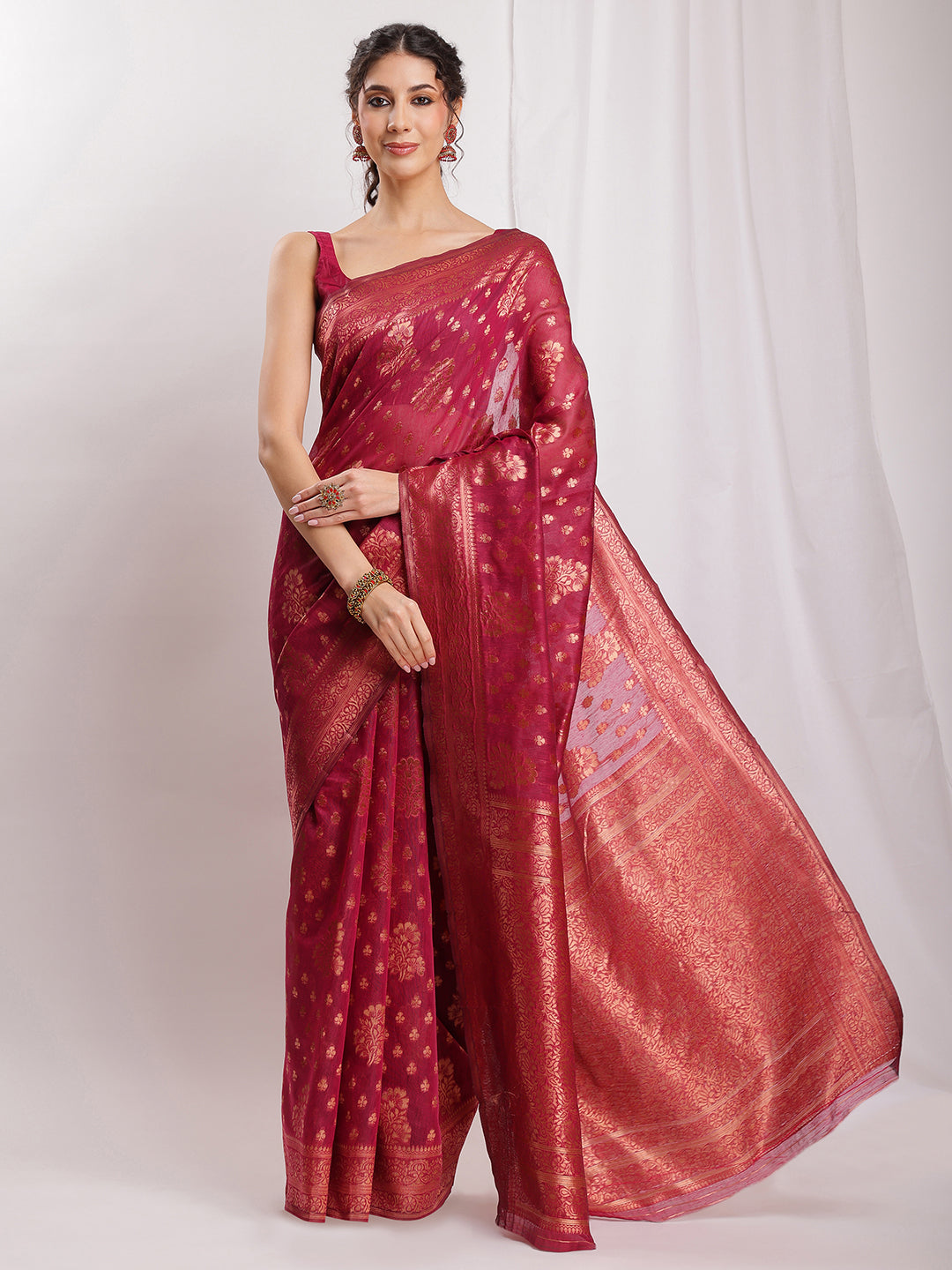 Janasya Fuchsia Silk Blend Floral Jacquard Saree