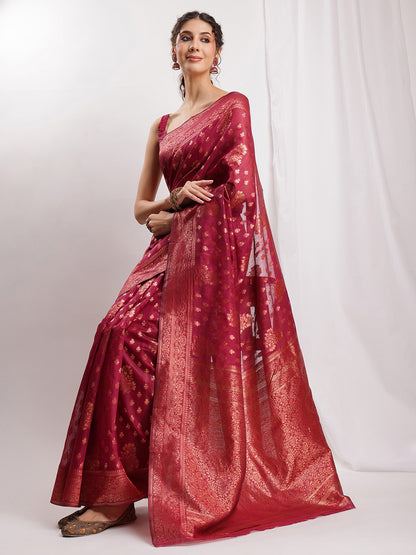 Janasya Fuchsia Silk Blend Floral Jacquard Saree - Distacart