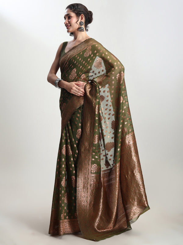 Janasya Green Silk Blend Floral Jacquard Saree