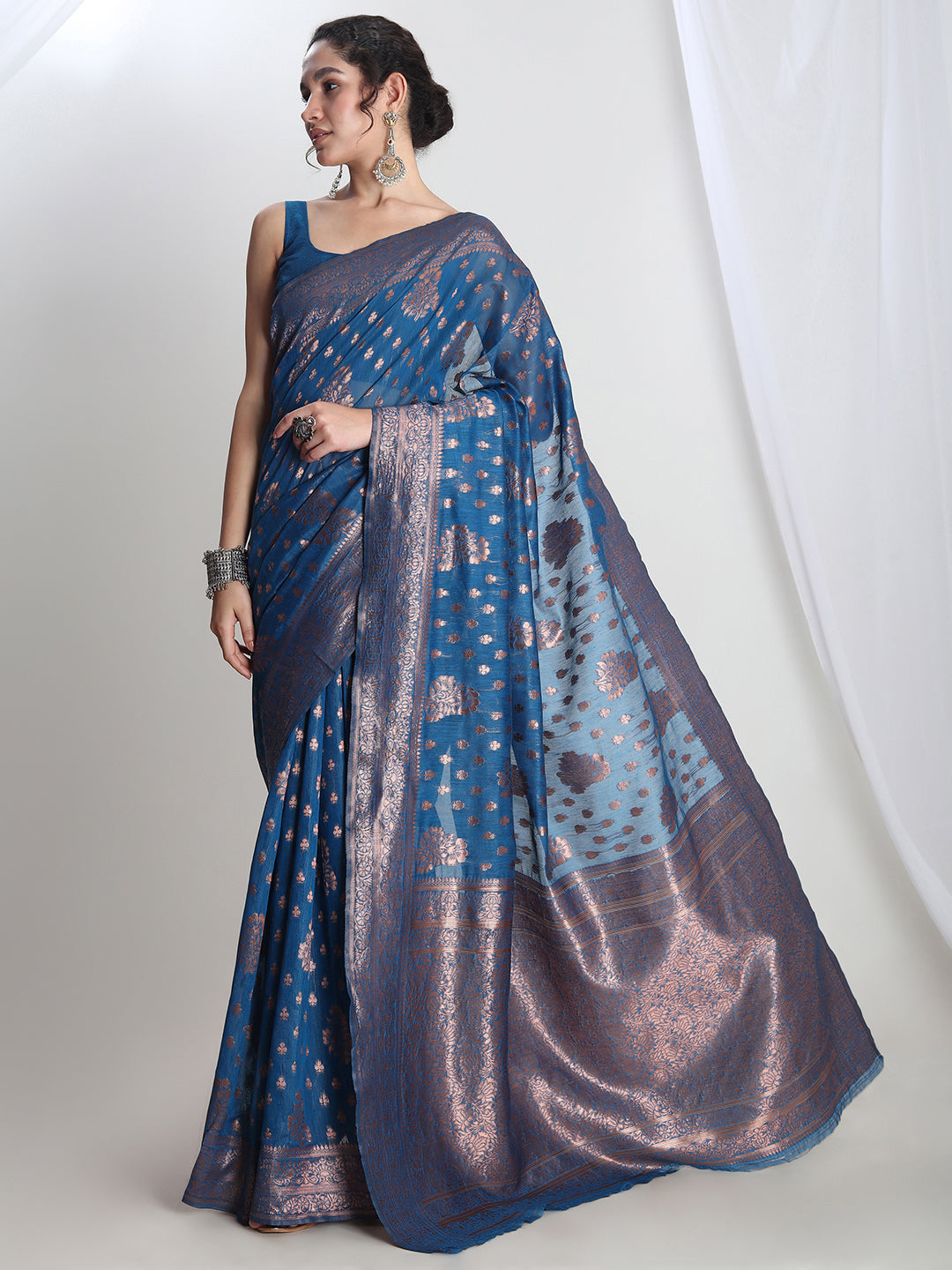 Janasya Teal Blue Silk Blend Floral Jacquard Saree