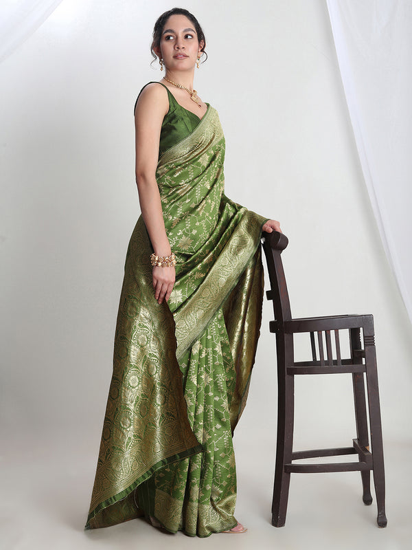 Janasya Green Silk Blend Geometric Jacquard Saree