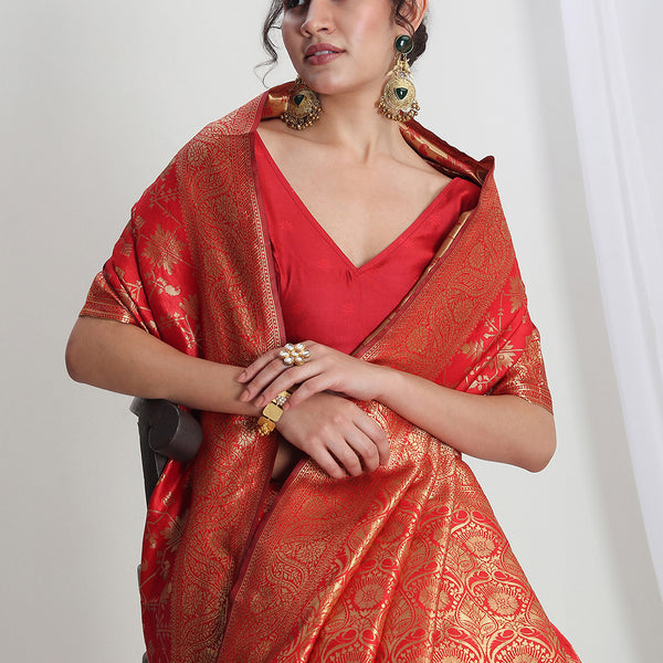 Janasya Red Silk Blend Geometric Jacquard Saree