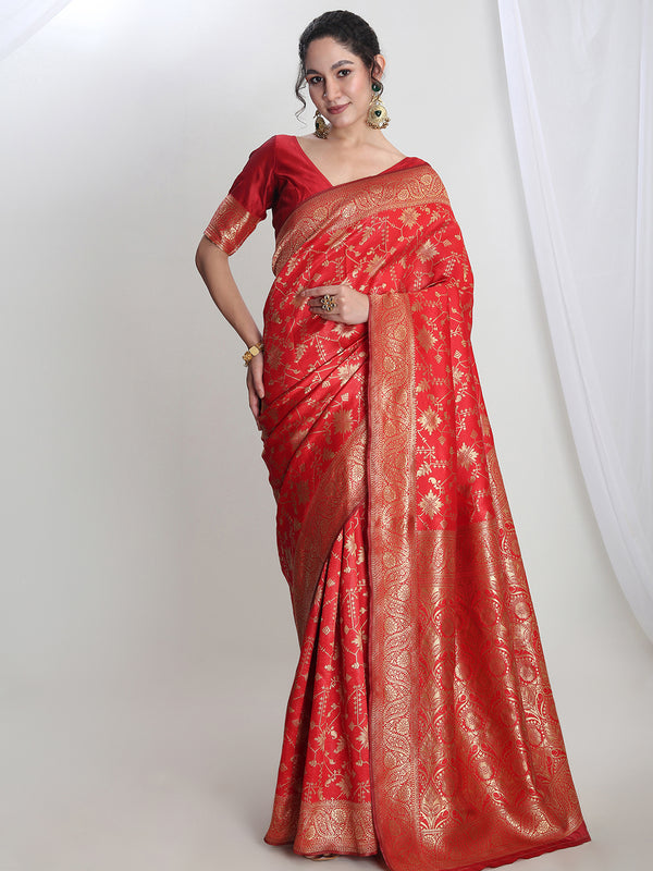 Janasya Red Silk Blend Geometric Jacquard Saree