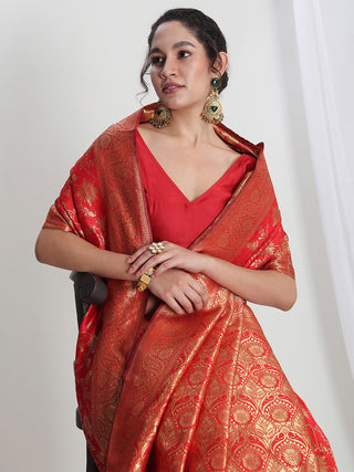 Janasya Red Silk Blend Geometric Jacquard Saree