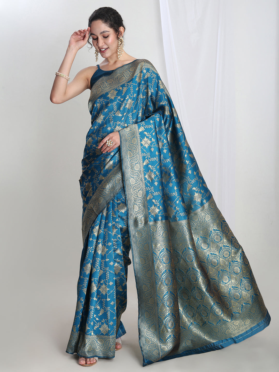 Janasya Teal Blue Silk Blend Geometric Jacquard Saree