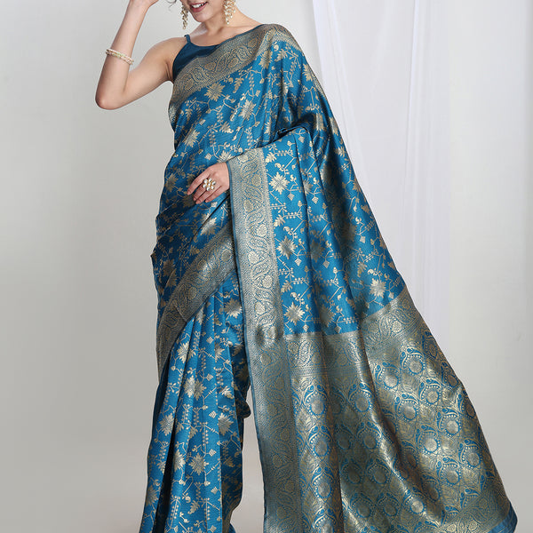 Janasya Teal Blue Silk Blend Geometric Jacquard Saree
