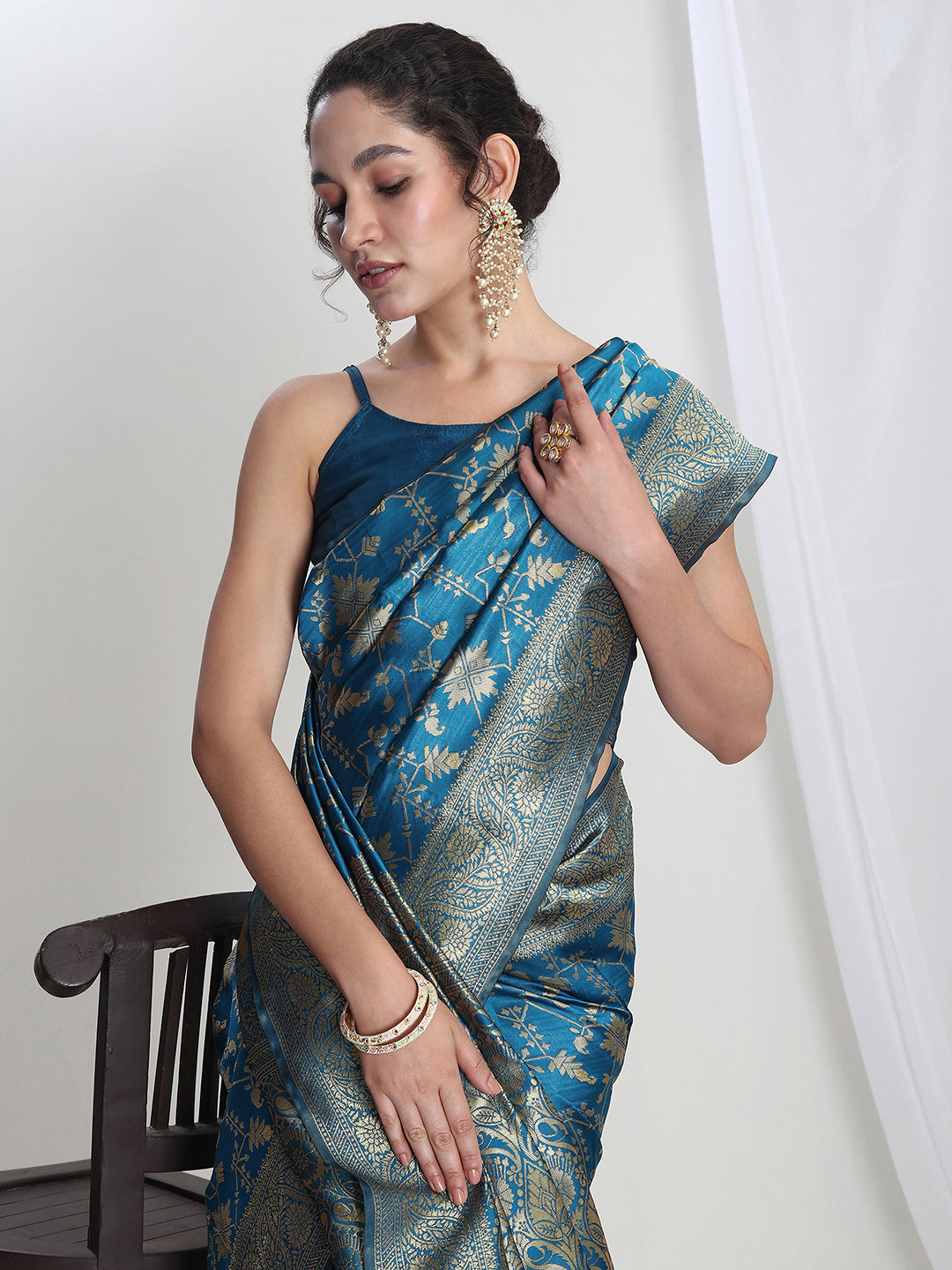 Janasya Teal Blue Silk Blend Geometric Jacquard Saree