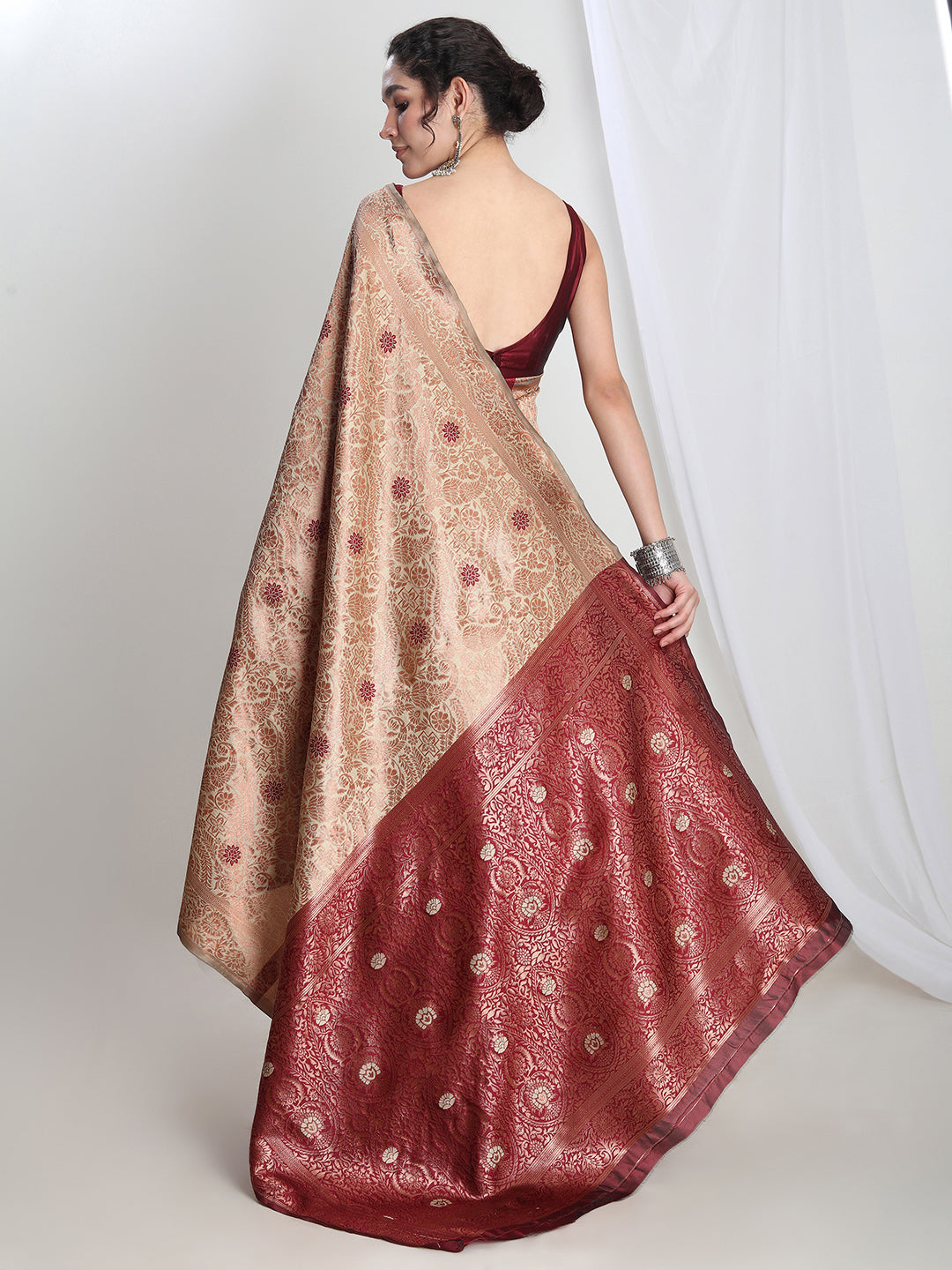 Janasya Beige Silk Blend Floral Jacquard Saree