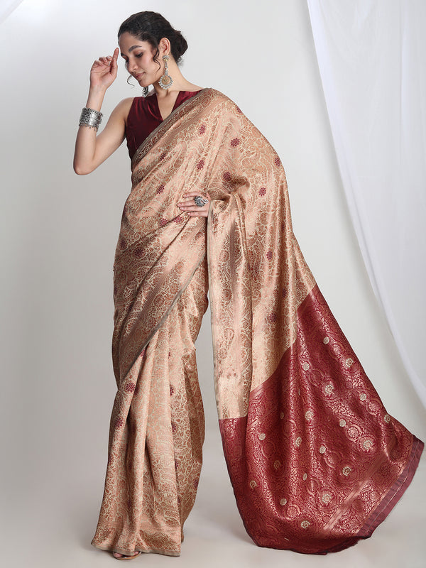 Janasya Beige Silk Blend Floral Jacquard Saree
