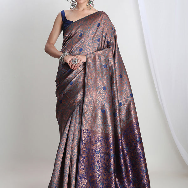 Janasya Grey Silk Blend Floral Jacquard Saree
