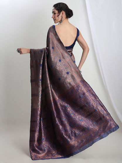 Janasya Grey Silk Blend Floral Jacquard Saree - Distacart