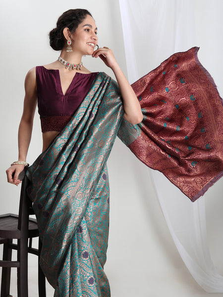 Janasya Sea Green Silk Blend Floral Jacquard Saree