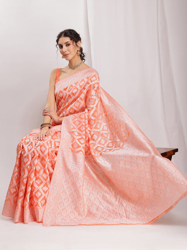 Janasya Peach Silk Blend Floral Jacquard Saree