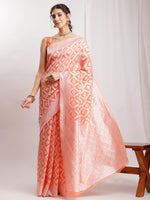 Thumbnail for Janasya Peach Silk Blend Floral Jacquard Saree