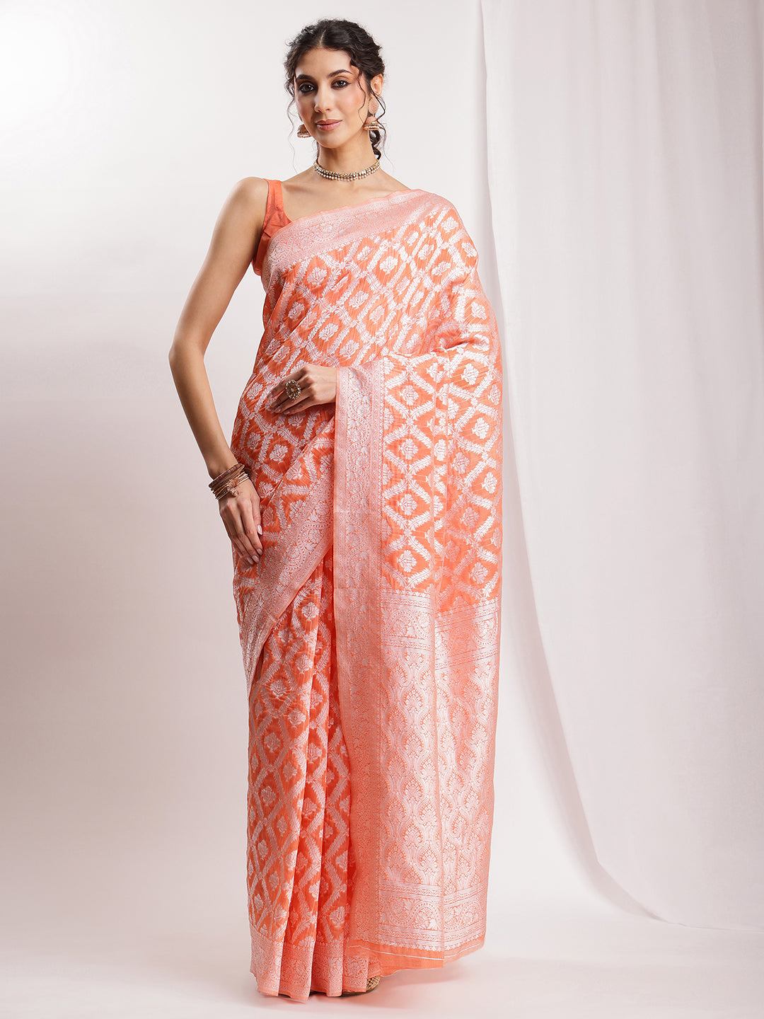 Janasya Peach Silk Blend Floral Jacquard Saree