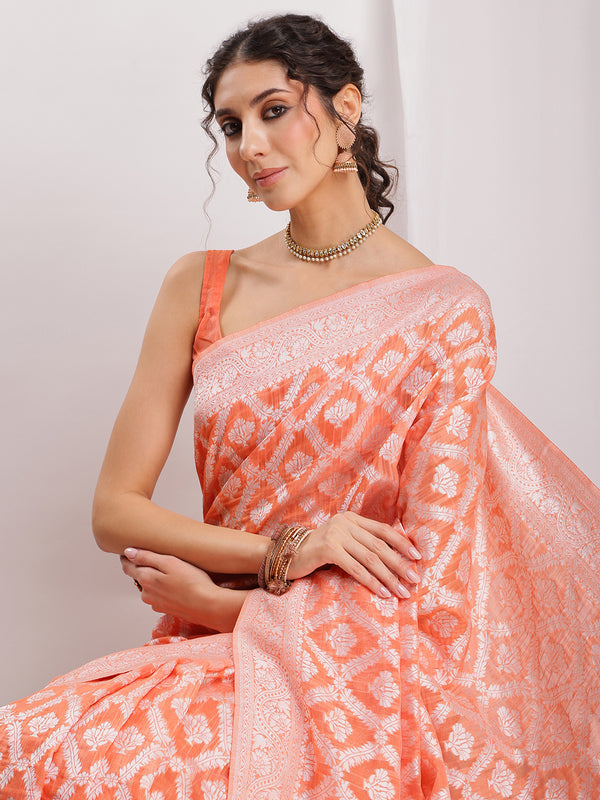 Janasya Peach Silk Blend Floral Jacquard Saree