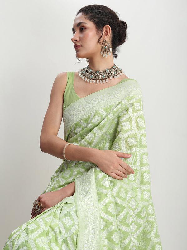 Janasya Light Green Silk Blend Floral Jacquard Saree