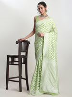 Thumbnail for Janasya Light Green Silk Blend Floral Jacquard Saree