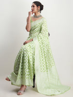 Thumbnail for Janasya Light Green Silk Blend Floral Jacquard Saree