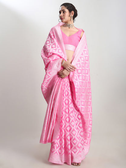 Janasya Pink Silk Blend Floral Jacquard Saree - Distacart