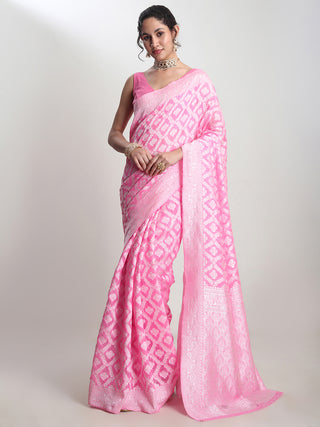 Janasya Pink Silk Blend Floral Jacquard Saree