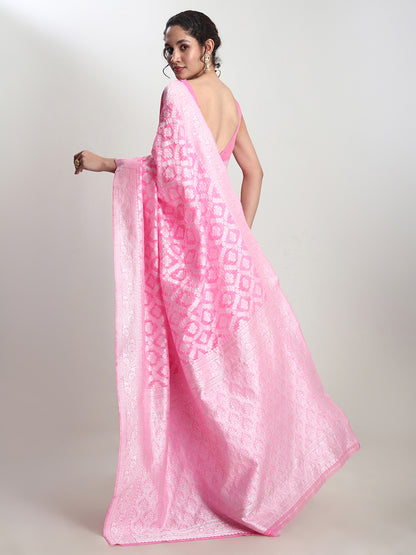 Janasya Pink Silk Blend Floral Jacquard Saree - Distacart