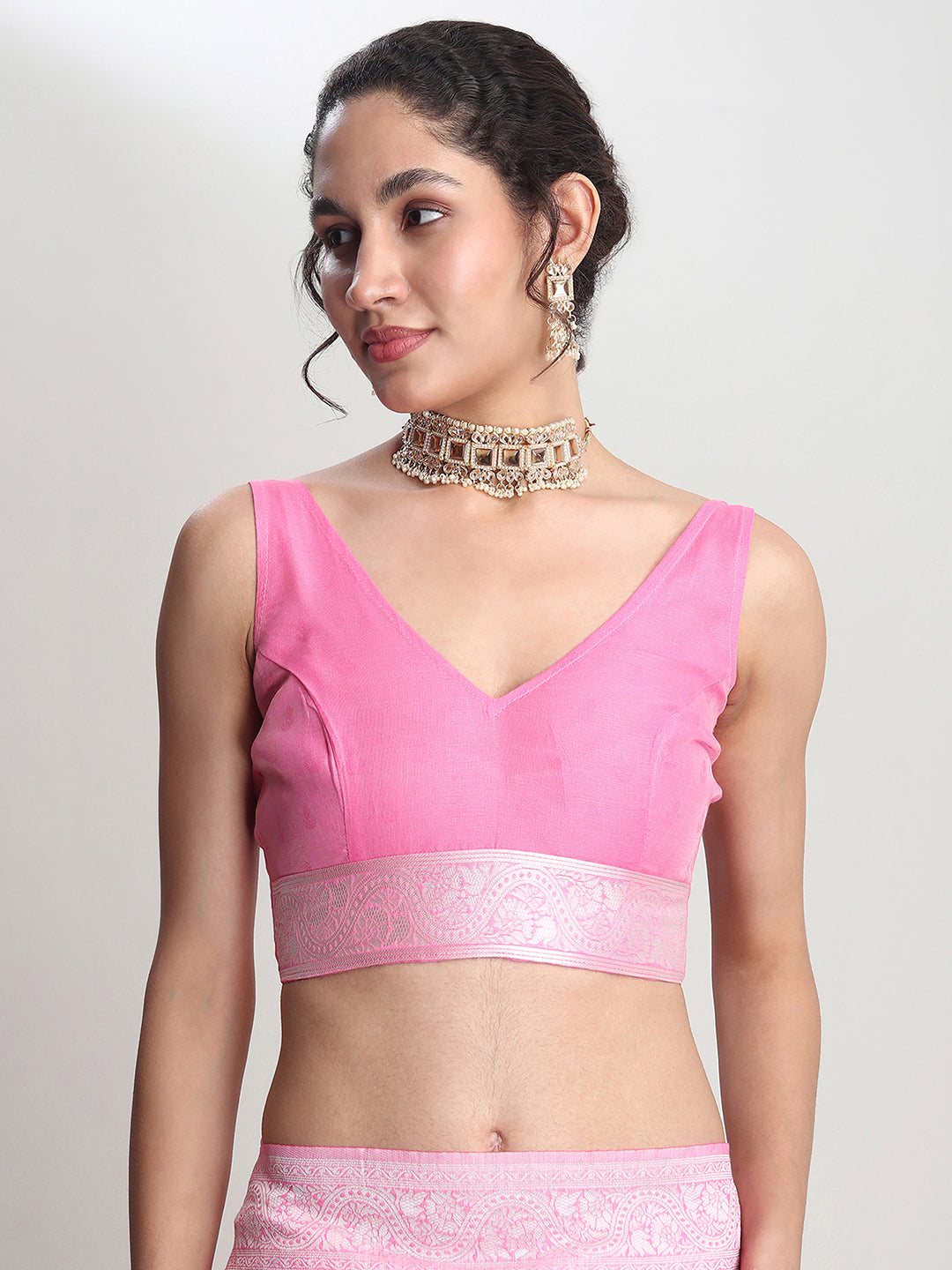 Janasya Pink Silk Blend Floral Jacquard Saree