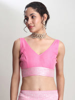 Thumbnail for Janasya Pink Silk Blend Floral Jacquard Saree