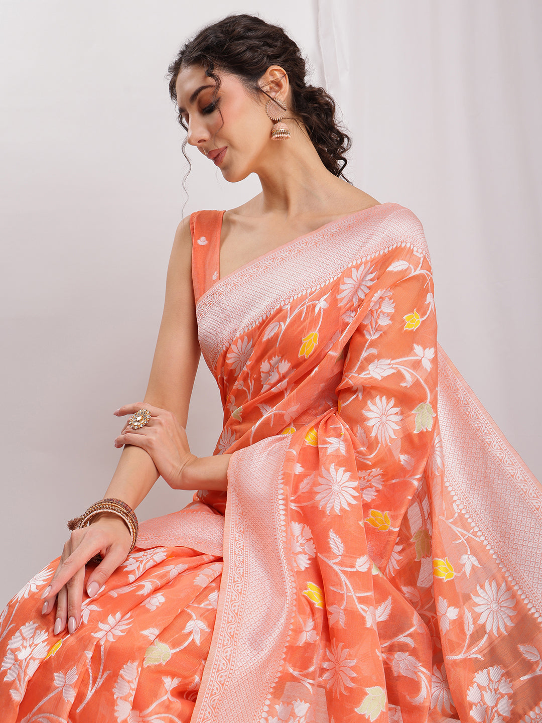 Janasya Peach Silk Blend Floral Jacquard Saree