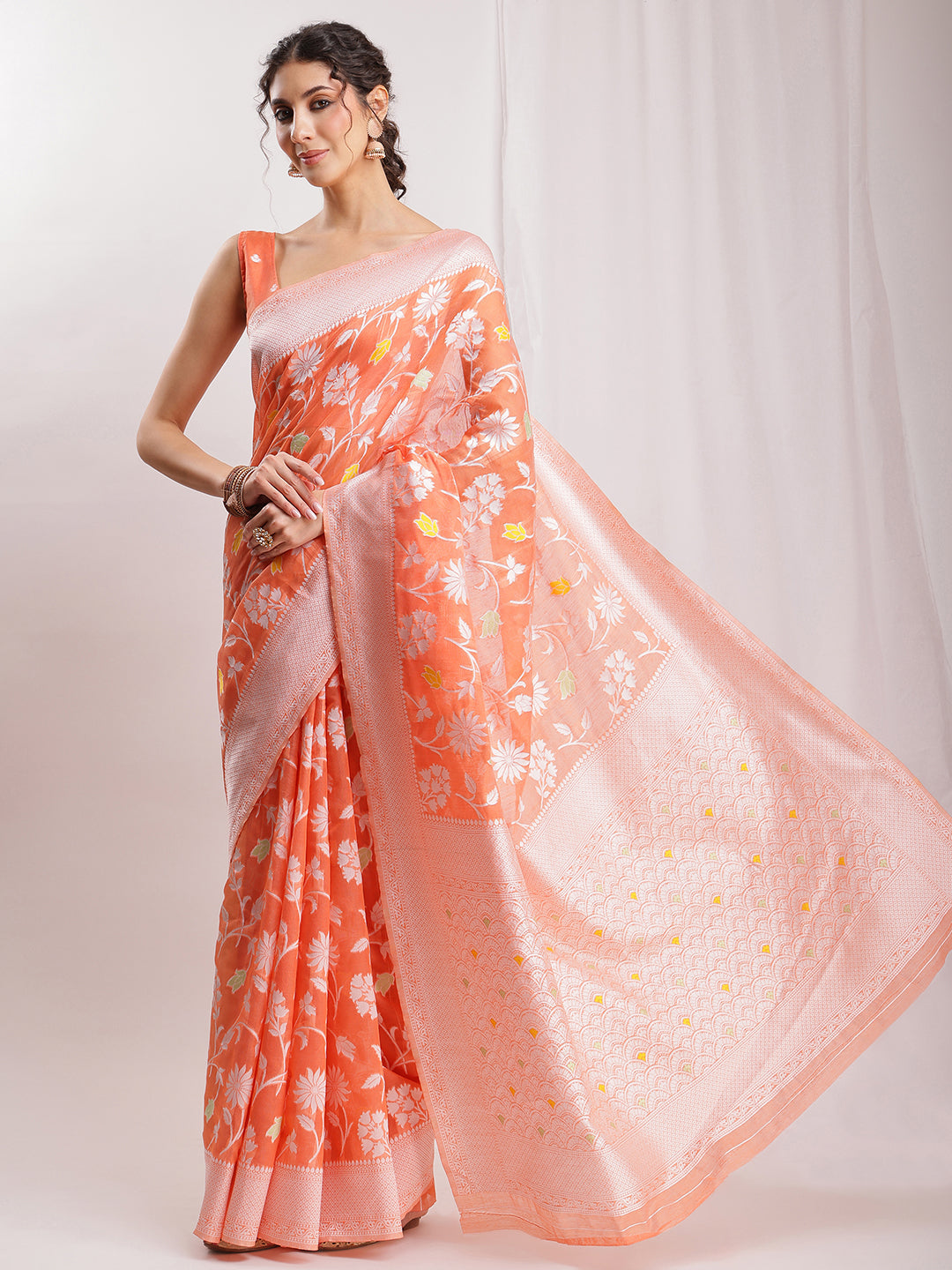 Janasya Peach Silk Blend Floral Jacquard Saree