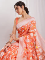 Thumbnail for Janasya Peach Silk Blend Floral Jacquard Saree