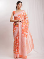 Thumbnail for Janasya Peach Silk Blend Floral Jacquard Saree