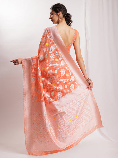Janasya Peach Silk Blend Floral Jacquard Saree - Distacart