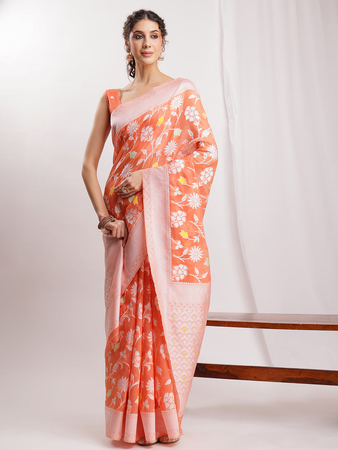 Janasya Peach Silk Blend Floral Jacquard Saree
