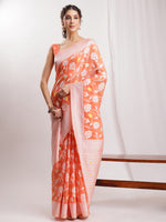 Thumbnail for Janasya Peach Silk Blend Floral Jacquard Saree