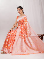 Thumbnail for Janasya Peach Silk Blend Floral Jacquard Saree