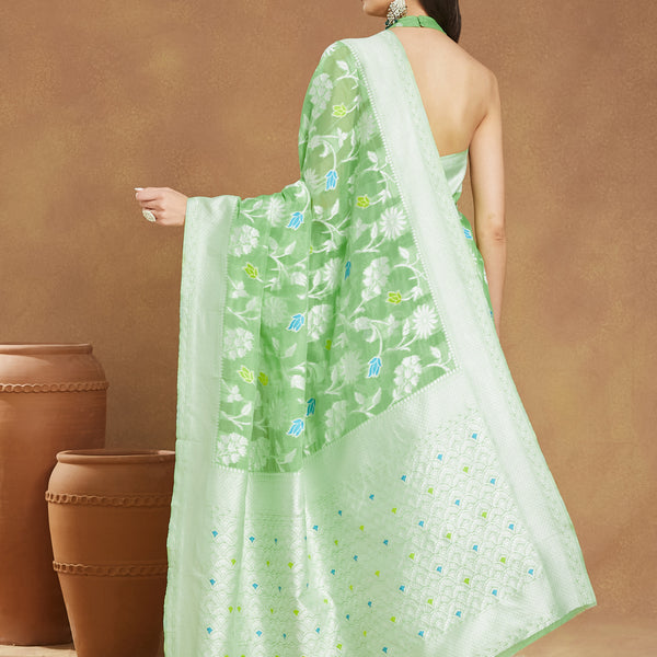Janasya Light Green Silk Blend Floral Jacquard Saree