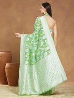 Thumbnail for Janasya Light Green Silk Blend Floral Jacquard Saree