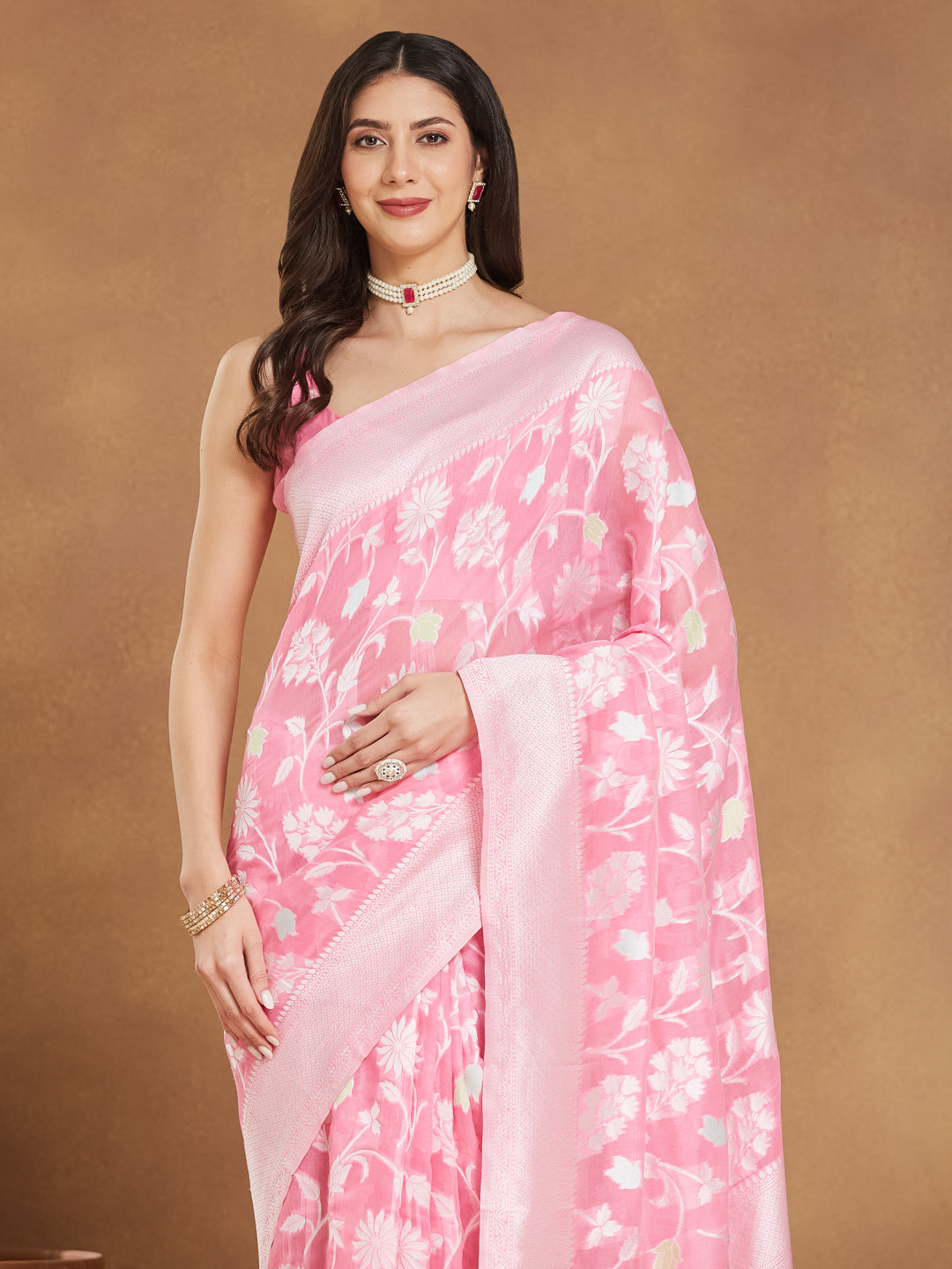 Janasya Light Pink Silk Blend Floral Jacquard Saree