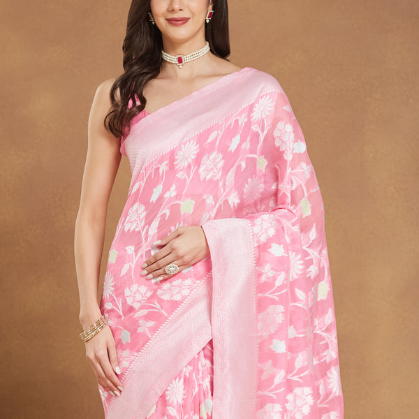 Janasya Light Pink Silk Blend Floral Jacquard Saree