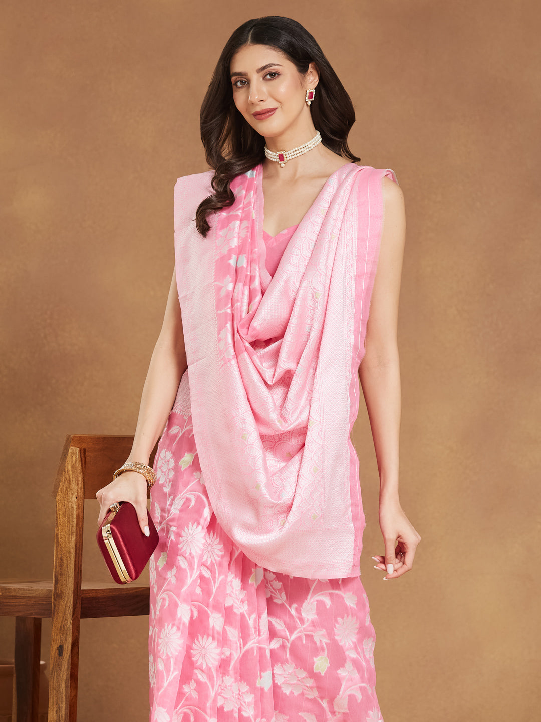 Janasya Light Pink Silk Blend Floral Jacquard Saree