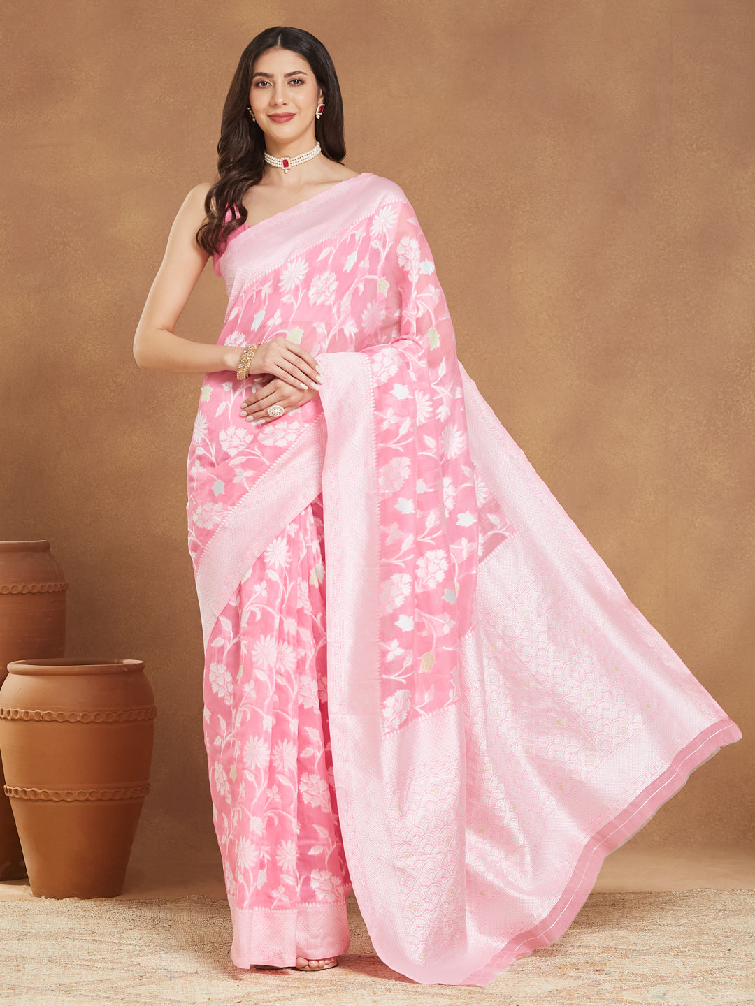Janasya Light Pink Silk Blend Floral Jacquard Saree