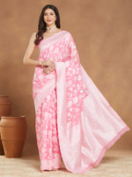 Thumbnail for Janasya Light Pink Silk Blend Floral Jacquard Saree