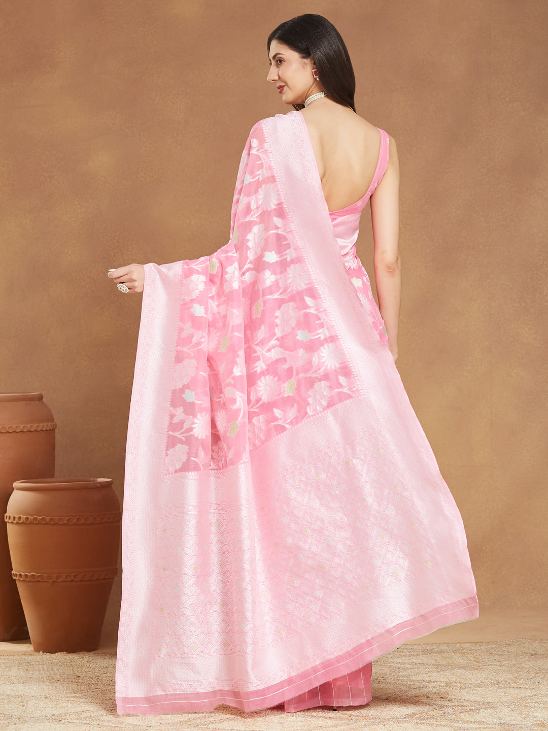 Janasya Light Pink Silk Blend Floral Jacquard Saree