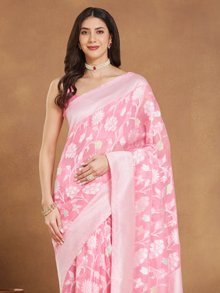 Janasya Light Pink Silk Blend Floral Jacquard Saree