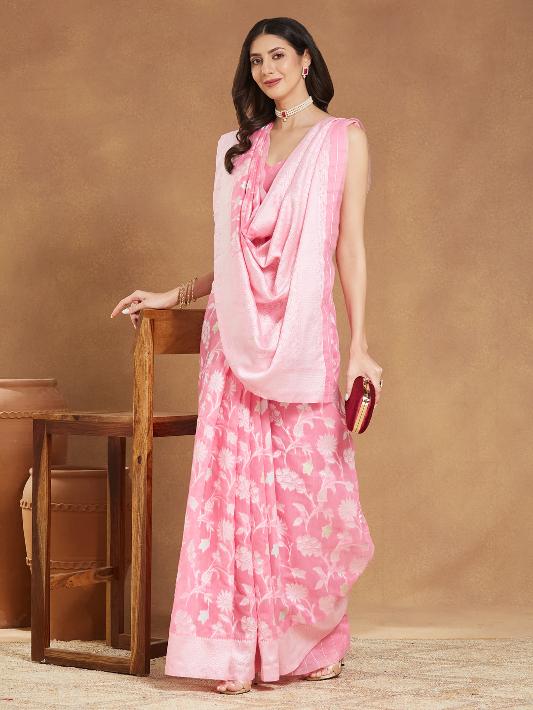 Janasya Light Pink Silk Blend Floral Jacquard Saree