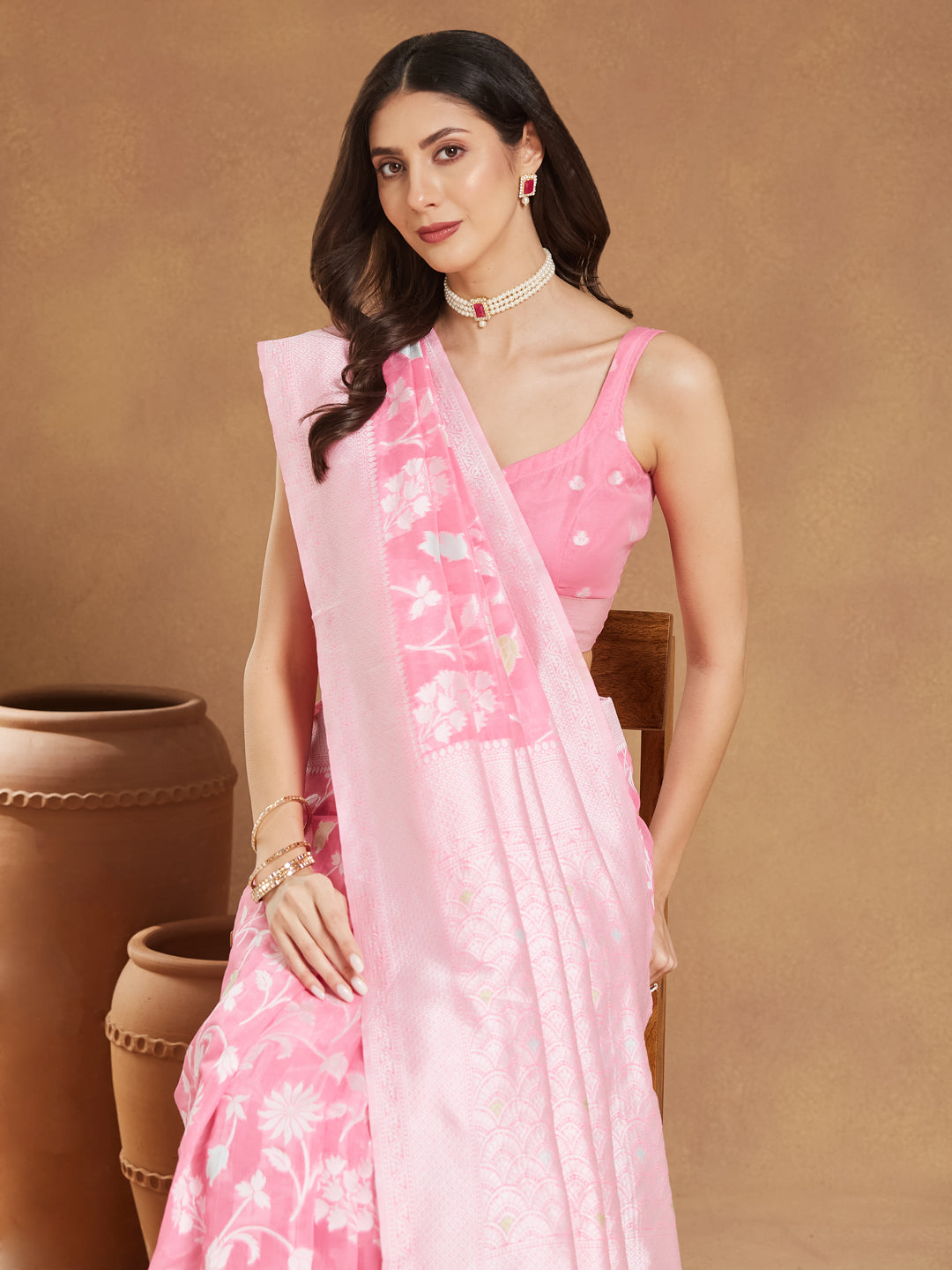Janasya Light Pink Silk Blend Floral Jacquard Saree