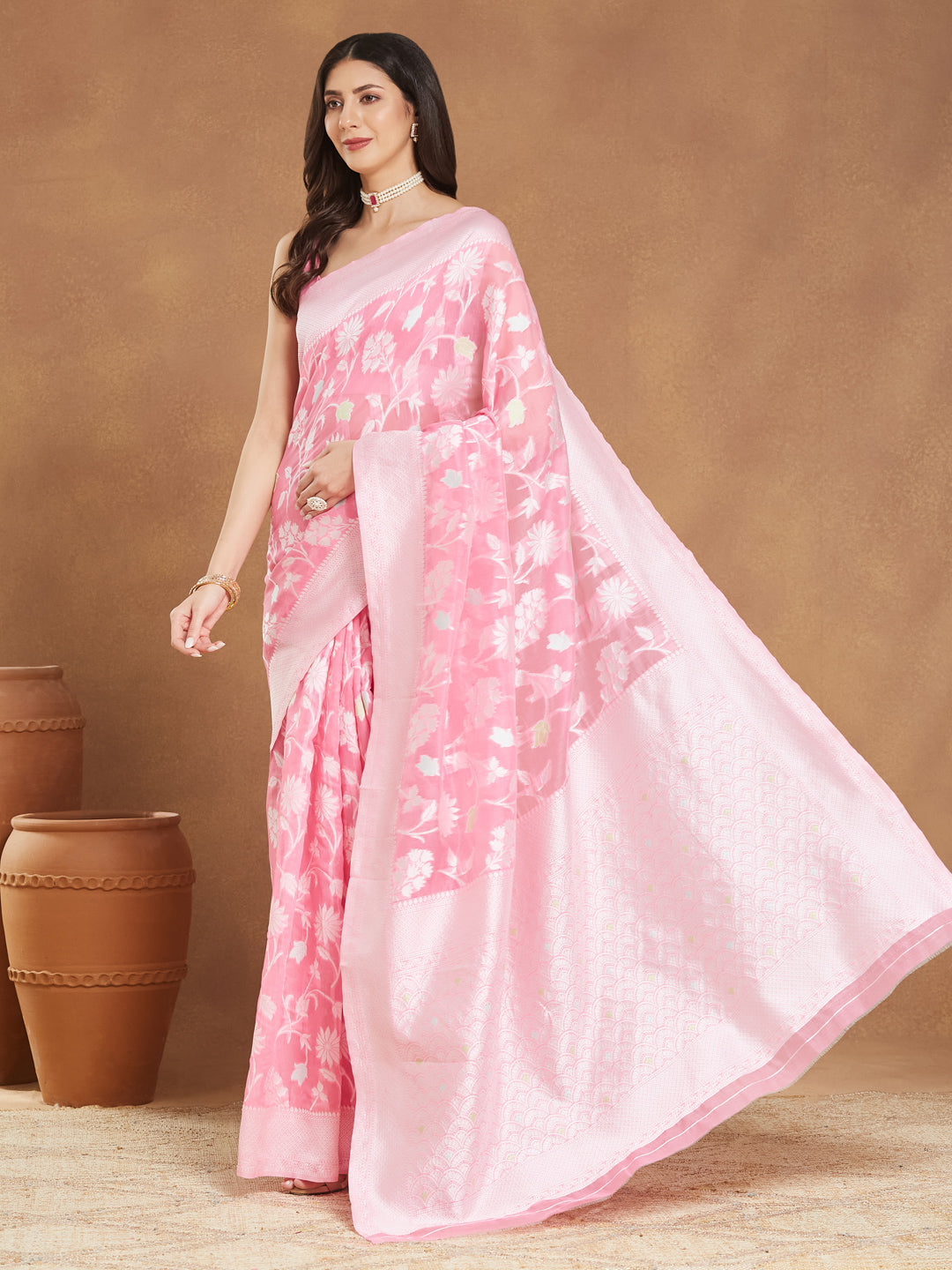 Janasya Light Pink Silk Blend Floral Jacquard Saree