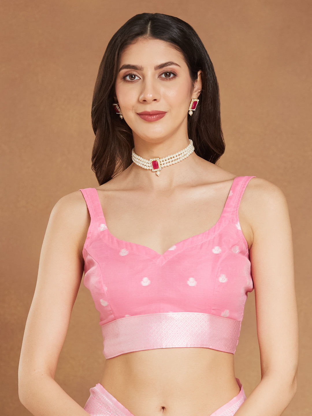 Janasya Light Pink Silk Blend Floral Jacquard Saree