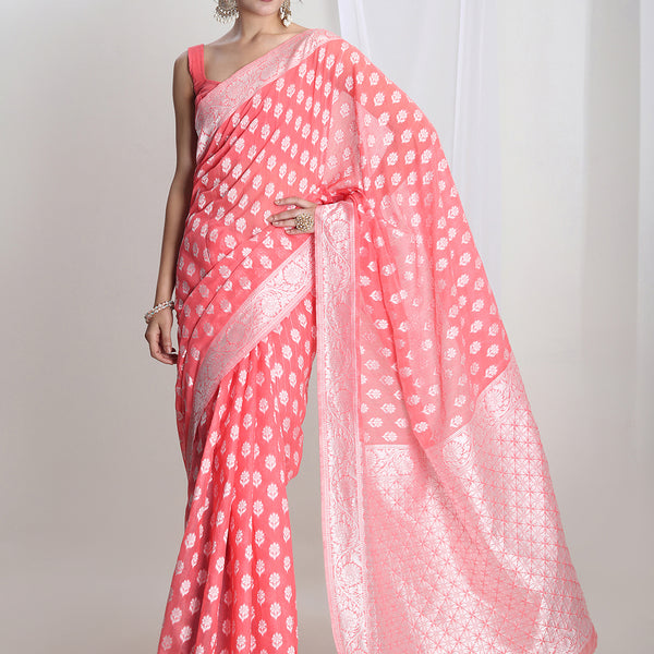Janasya Coral Silk Blend Floral Jacquard Saree